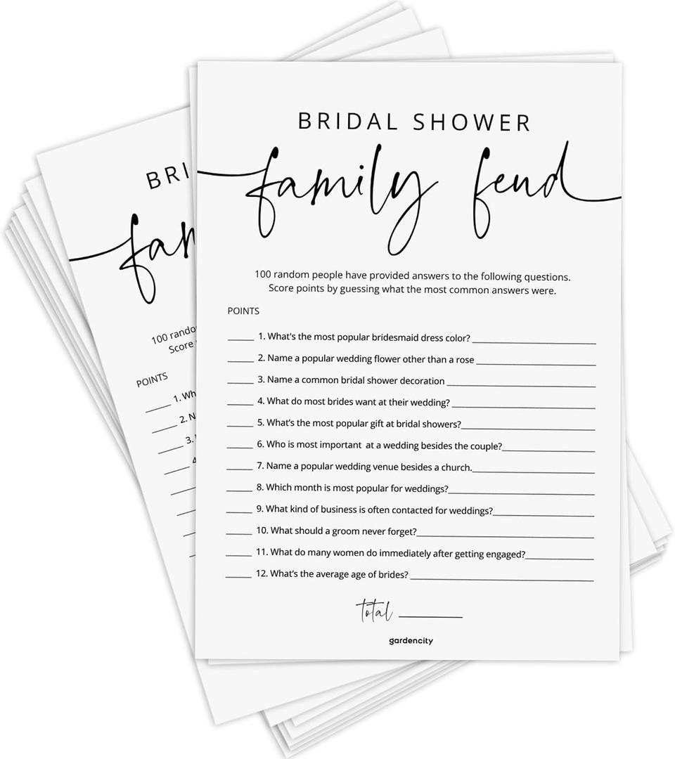 GardenCity Bridal Shower Games, 50 Bridal Shower Family Feud Game Cards, Wedding Shower Game Activity, 50 Guests, Minimalist