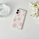 for iPhone 16 Case Cute Floral Women Girls Flower Aesthetic Design Vintage Shockproof Soft Girly Slim TPU Fashion Protective Phone Cover-White Pink