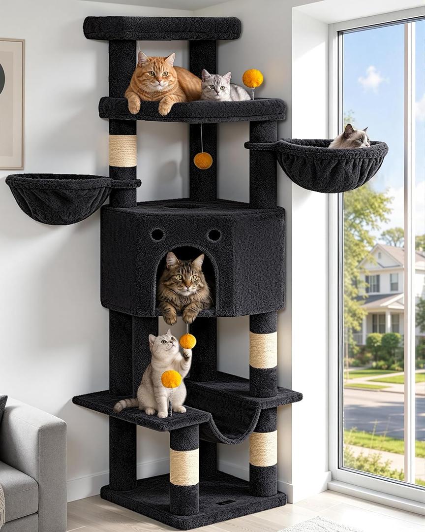 Cat Tree Tower for Indoor Large Adult Cats, 73in Tall Heavy Duty with Perch