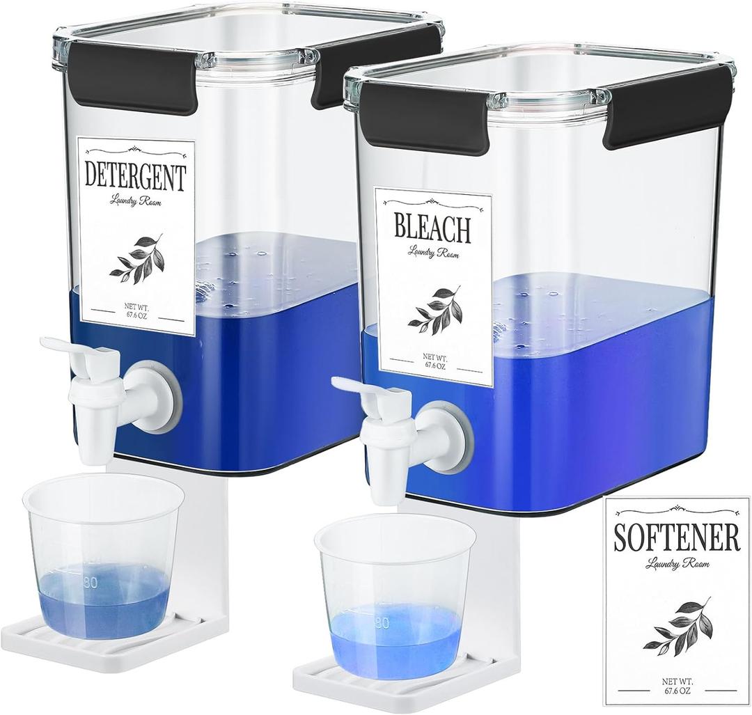Soaoo 2 Pcs Laundry Detergent Dispenser 67.6 oz Liquid Soap Dispenser with Faucet for Laundry Room 2 Liquid Detergent Holder with Labels and Measuring Cup Fabric Softener Container