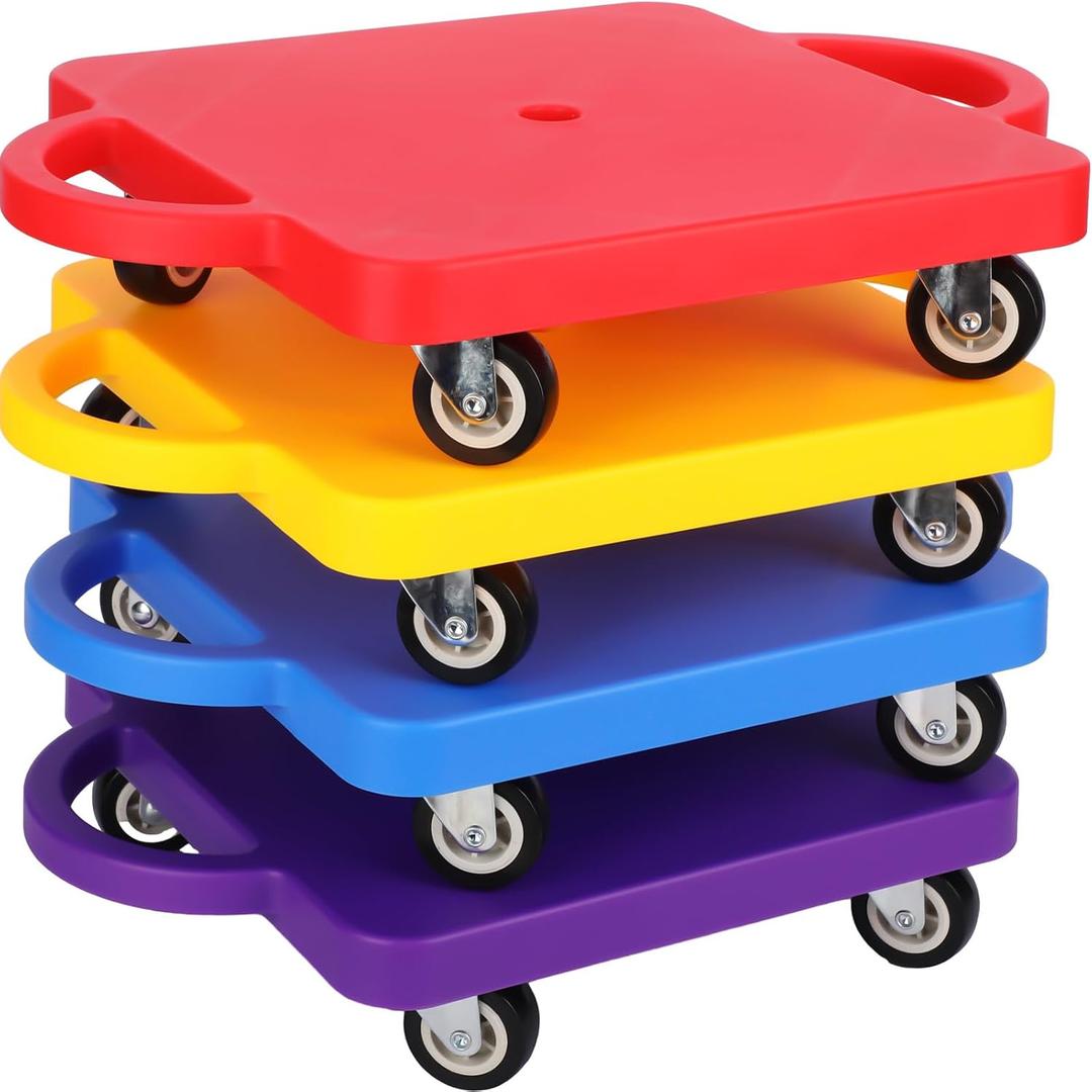 Jerify 4 Pieces Sports Scooter Board Bulk Sitting Board with Handles Plastic Casters Sport Flat Scooter for Kids Children Gym Indoor Outdoor Activities Play Equipment (Colorful)