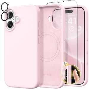 GONEZ Magnetic for iPhone 16 Case, Compatible with MagSafe, [Screen Protector + Camera Lens Protector], Liquid Silicone Shockproof Protective Phone Case for iPhone 16 6.1", Chalk Pink