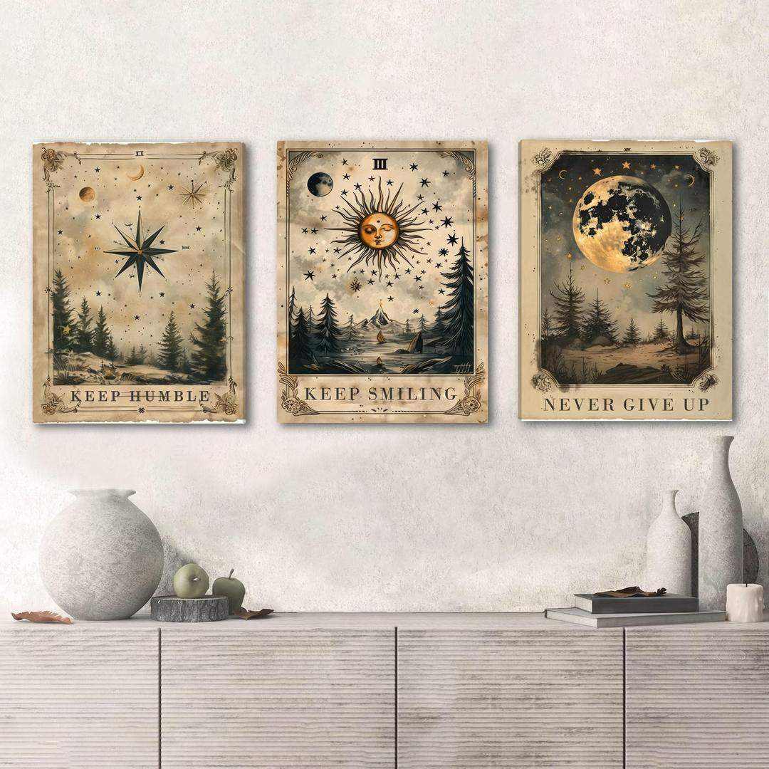 Palette Dreams 3 Pieces Gothic Vintage Celestial Canvas Wall Art, Vintage Tarot Canvas Wall Decor, Mysterious Sky Astrology Picture Poster Prints for Living room Bedroom Office Decor 12X16 inches