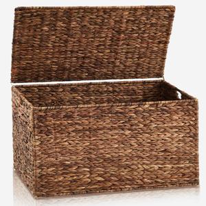 30 x 17.7 x 17.7 Inch Water Hyacinth Wicker Storage Trunk with Metal Frame, Heavy Duty Storage Chest with Lid Large Rattan Basket for Blankets, Seasonal Clothes, Extra Bedding (Brown)