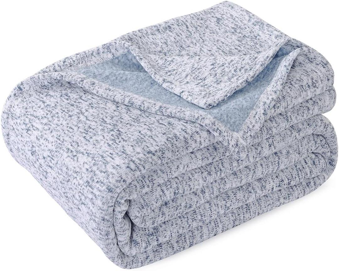KAWAHOME Summer Sweatshirt Blanket for Bed-Lightweight Breathable Blankets, Soft Thin Knit Jersey Blanket for Hot Sleepers, 71 X 79 Inches, Heather Blue