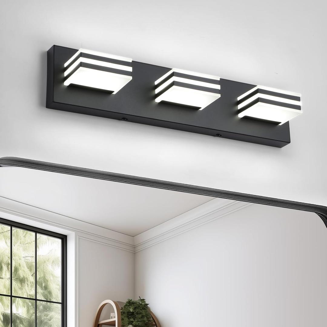 Black Vanity Lights 3 Light Bar Light for Bathroom 20 Inch Mirror Light Fixtures Black Bath Lamps above Mirror 18W Vanity Sconces Modern Bathroom Sink Lights Acrylic Wall Lighting for Restroom (Black-Not-Dimmable)