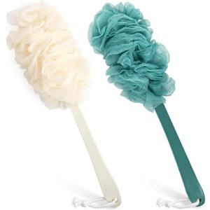 2Pack Back Scrubber for ShowerPIPUHA Loofah Sponge Shower Brush Using Body Exfoliating with Long Handle, Loofah on a Stick for Men Women, Bathing Accessories for Body Brushes (Blue and White)