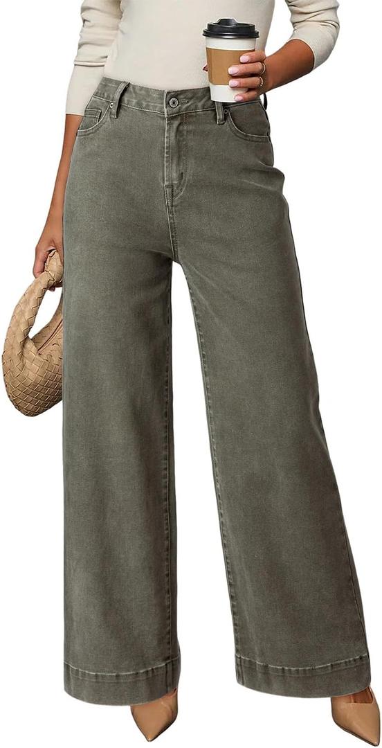 DOKOTOO Women's Casual High Waisted Jeans Stretch Button Wide Leg Loose Denim Pants with Pockets (6, Guacamole Green)