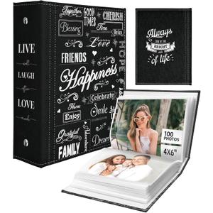 Slohif Photo Album 4x6 Pictures Leather Small Memory Book Keepsake for Family Wedding Postcard 100 Pockets Personalized Couples Photobook for Engagement Travel Vacation Birthday Honeymoon Happiness