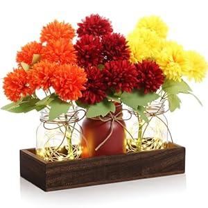 Suncalla 3 Pcs Fall Thanksgiving Mums Mason Jar Centerpiece Table Decorations Thanksgiving Artificial Ball Chrysanthemums Flowers with Wood Tray and LED for Dining Room Kitchen Bathroom Table Decor