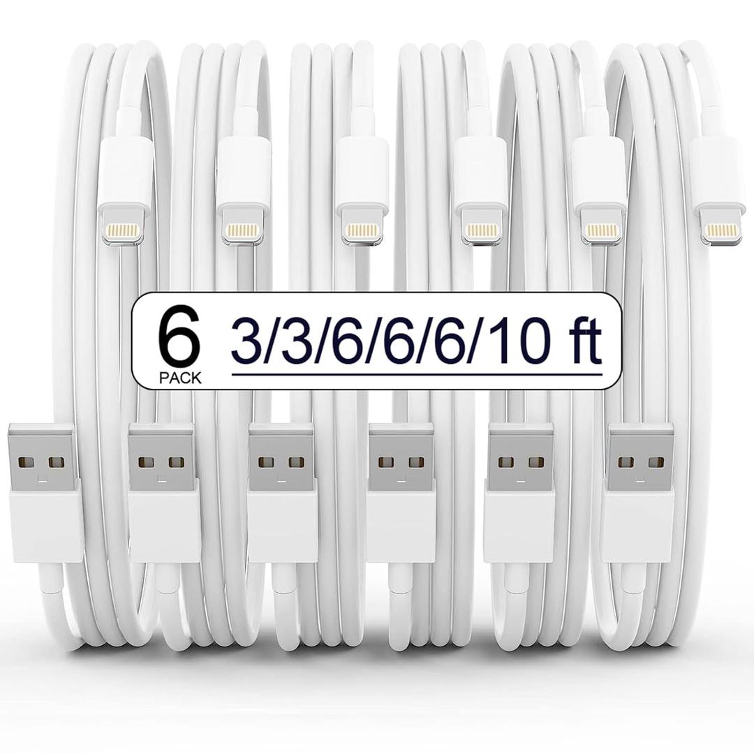 iPhone Charger 6Pack(3/3/6/6/6/10 FT) Apple MFi Certified Lightning Cable Fast Charging iPhone Charger Cord TPE Durable Braided USB Charging Cords for iPhone 14/13/12/11/X/8/7/Plus, iPad, AirPods (White)