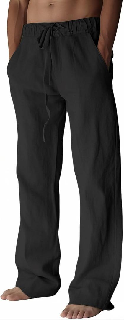 PIDOGYM Mens Cotton Linen Pants, Summer Beach Pants Casual Loose Fit with Elastic Waist Drawstring (Black, S)