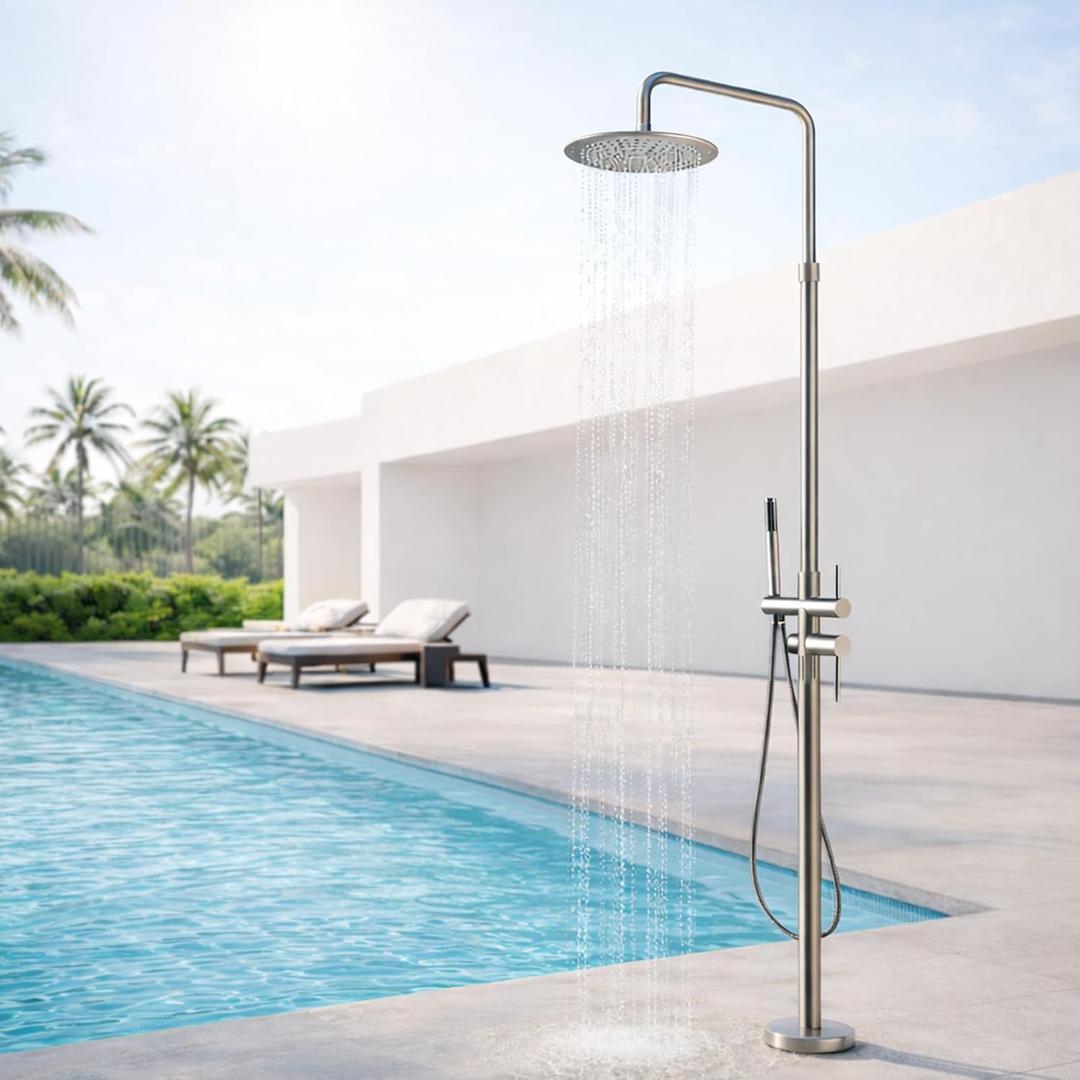 Freestanding Outdoor Shower with 10” Rain Shower Head and Handheld, Height Adjustable Outdoor Shower Stand for Backyard, Patio & Poolside, Hot and Cold Water (Brushed Nickel)