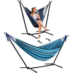 SUNCREAT 2-in-1 Convertible Backyard Fabric Hammock with Stand, Large Hammocks for Outside, Blue Stripes