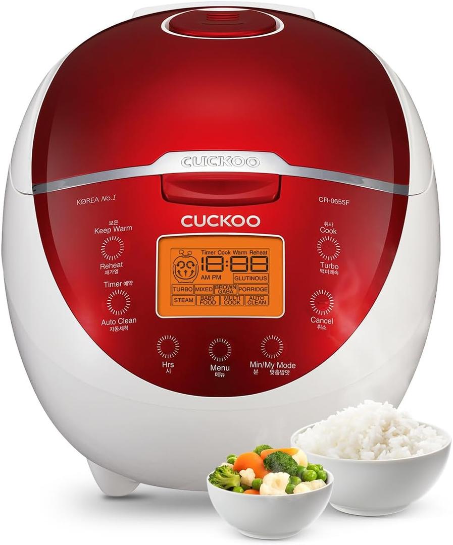 CUCKOO Micom Rice Cooker 6 Cup Uncooked / 12 Cup Cooked, Fuzzy Logic Rice Maker with Delay Timer & Keep Warm Setting, Versatile Food Steamer for Cooking, Non-Stick Inner Pot, Red (CR-0655F)