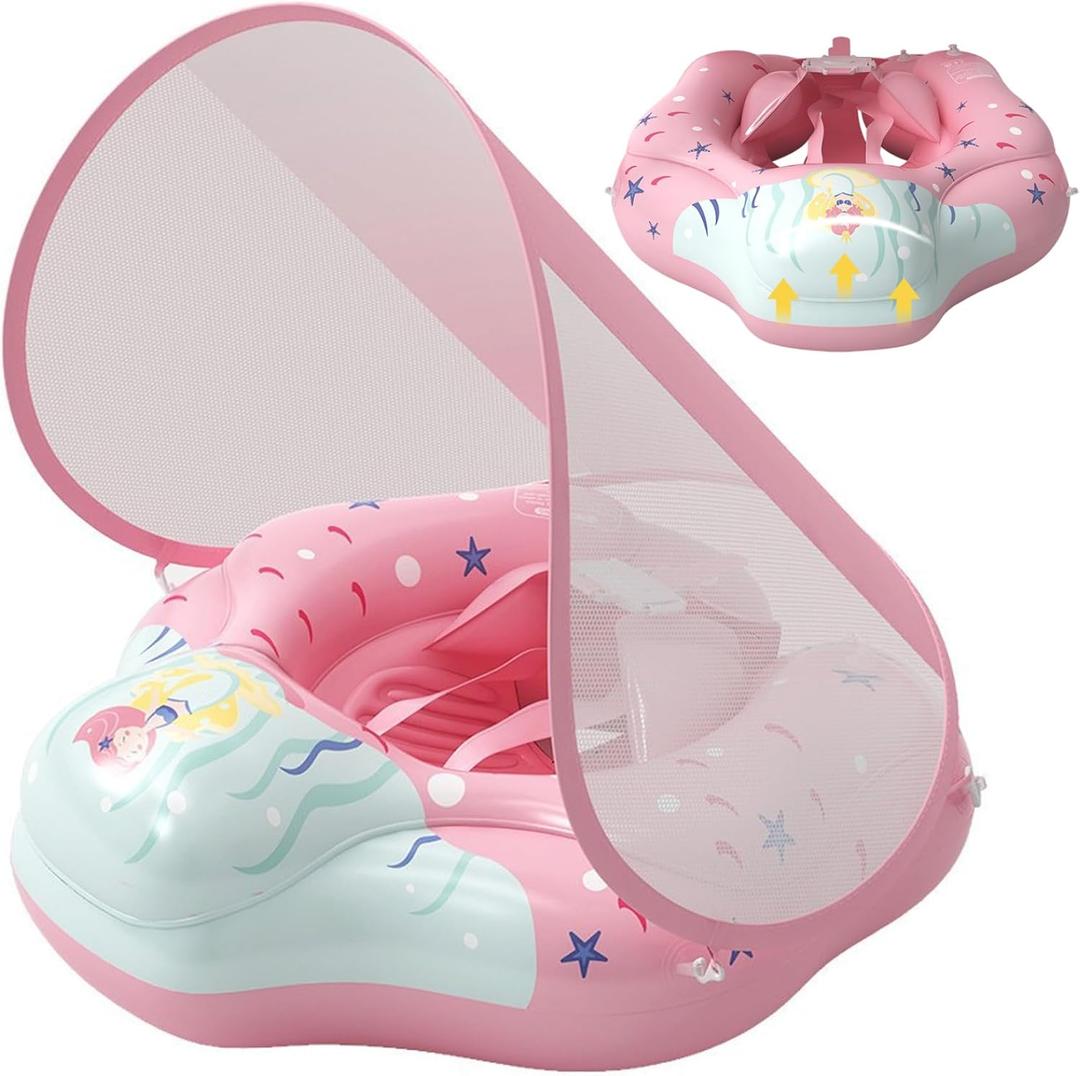 Baby Float with Canopy, Inflatable Non-Slip Adjustable Safe Baby Swimming Float with Pump for Girls Boys, Large Children's Swimming Ring, Underarm Ring..