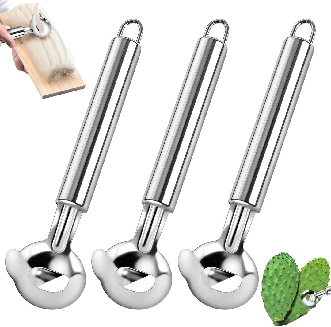 4 x 3 PCS Cactus Peeler, Stainless Steel Cactus Peeler Spoon Long Handle with Hole, Multi-Function Pelador De Nopales, Cutting Knife for Cooking Cactus Noodle, Kitchen Gadget Accessories