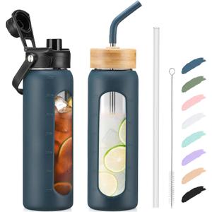 Kodrine Water Bottle with Straw, 24 oz Glass water Bottle with 2 Lids Bamboo Straw Lid and Spout Lid with Handle, 32 oz Clear Water Bottle Glass for Sports Travel, Waterbottle with Time Marker (Navy Blue)