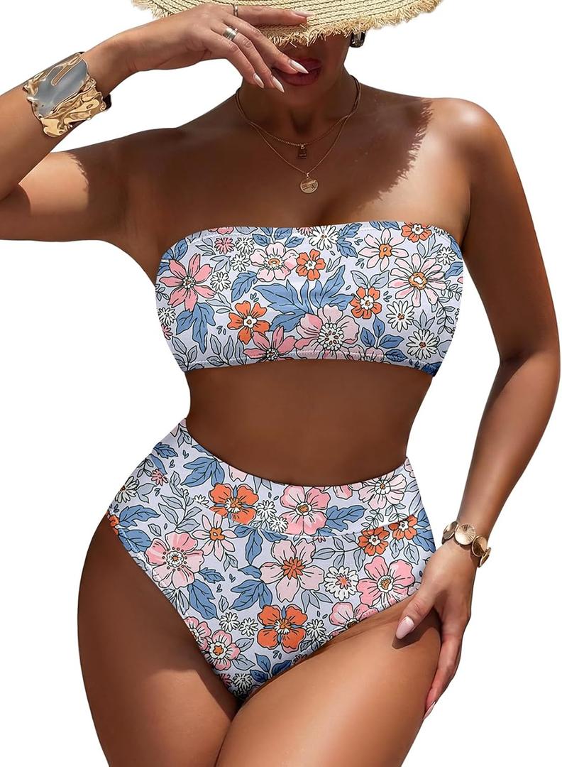 Pink Queen Women's High Waist Bikini Set Removable Strap Bandeau Two Piece Swimsuit Bathing Suit (X-Large, Floral Blue)