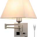 Plug in Wall Light,Swing Arm Wall Sconces with USB Port and Outlet,Wall Lamp with White Fabric Shade Dimmable Switch for Bedroom, Living Room , Office Nickel