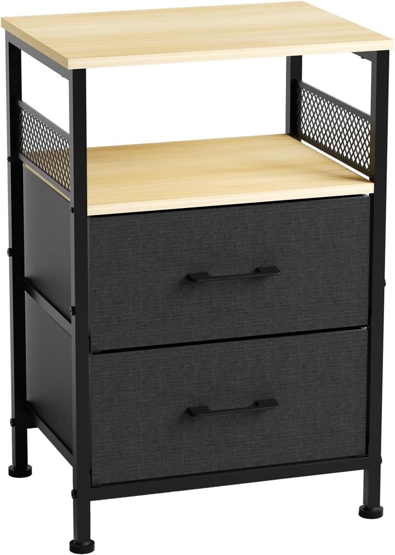 Nightstand with Fabric Drawers, 2-Tier Storage Side Table,End Table with Open Shelf, Night Stand for Living Room, Natural and Black