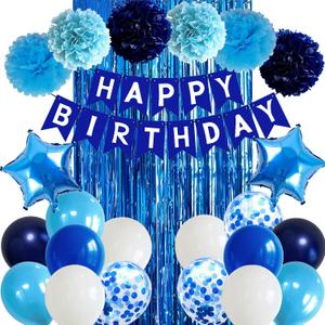 2 x Blue Birthday Decorations for Boys Men Happy Birthday Banner Balloons Navy Royal Light Blue Pom Poms Foil Curtain Dcor Royal Blue Birthday Decorations for Men Boy