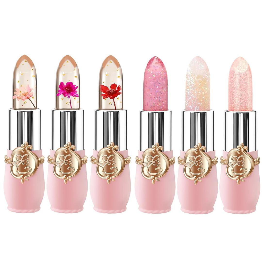 BestLand 6 Pcs/Set Flower Jelly Lipstick Set Temperature Change Moisturizer Long Lasting Nutritious Shimmer Lip Balm Magic Color Change Lip Gloss (Color Changing Lipstick Set B) (6 Count (Pack of 1))