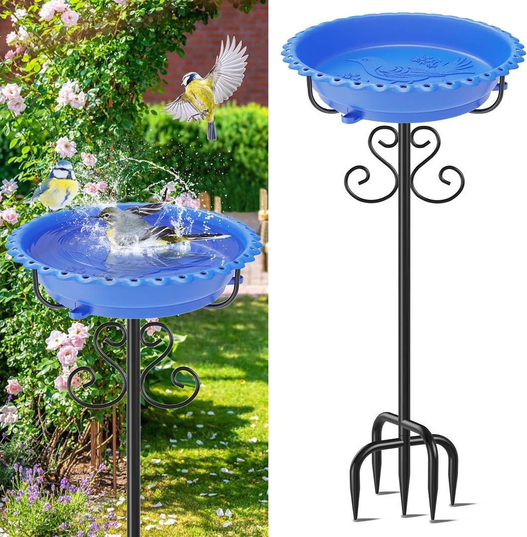 Bird Bath for Outside,40In Vintage Freestanding Bird Feeder Birdbaths for Outdoors, Bird Bath Detachable Plastic Bowl for Garden Patio Yard Lawn Decor, 5-Pronged Base & Easy to Clean (Blue)