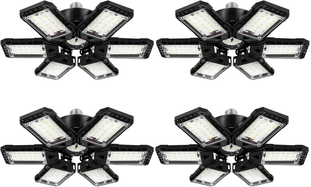 Aoretic LED Garage Lights 4 Pack -180W, 18000LM 6500K Led Shop Light with 6+1 Deformable Panels, Basement Barn Light Garage Ceiling Lights, E26/E27 for Garages, Warehouse, Shop