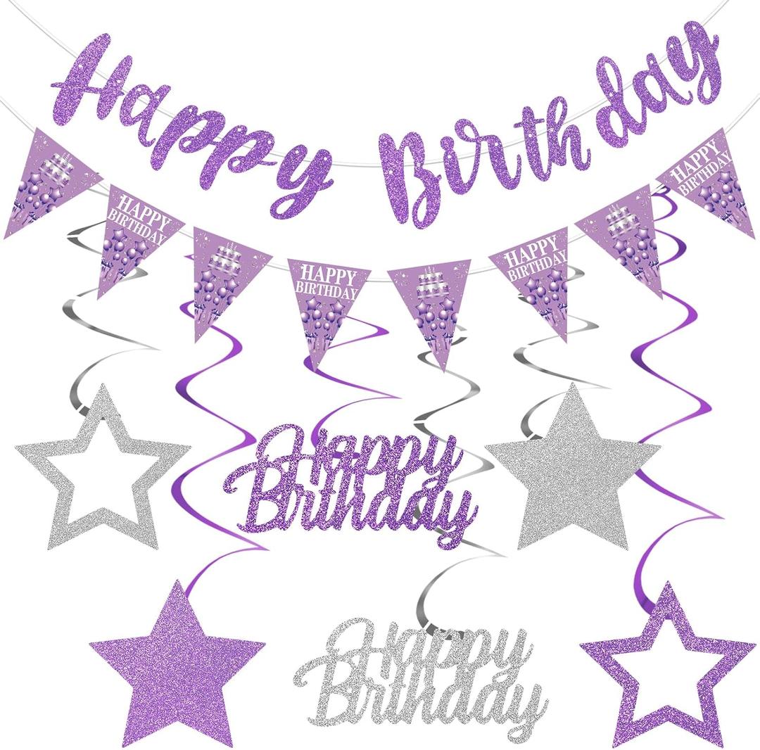 Purple Silver Birthday Decorations for Girls Women, Happy Birthday Banner Stars Hanging Swirls Happy Bday Decoration Party Supplies Sign