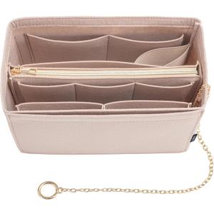 Purse Organizer Insert, Handbag Organizer with Zipper, Tote Shaper with Cup Holder & Keychain, Compatible with LV, Neverfull, MK, COACH, Longchamp, Kate Spade Khaki-Lg