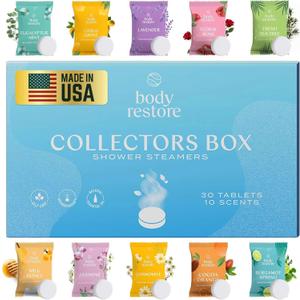 Body Restore Shower Steamers Aromatherapy 30 Pack - Birthday Gifts for Women, Men, Travel Essentials, Stress Relief, Relaxation, Self Care, Bath Bombs - Collectors Box