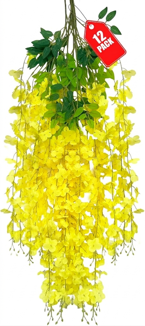 12 Pack Yellow Wisteria Hanging Flowers, 3.44 Ft Fake Hanging Flowers, Artificial Wisteria Garland Vines for Wedding Room Backdrop Outdoor Patio Garden Decoration