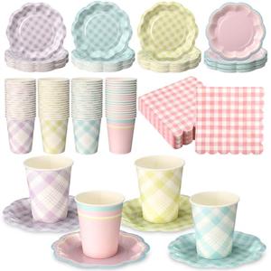 Yungyan 108 Pcs 36 Guests Pastel Gingham Party Supplies 6 Inch Plaid Paper Plates and 9 oz Cups and Napkins Tableware Set for Birthday Bridal Shower BBQ Picnic Party Supplies Decoration