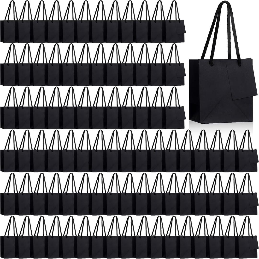 Yeaqee 150 Pcs Mini Gift Bags Bulk 4 x 2.75 x 4.5 Inches with Tags Black Gift Bags with Handles Wedding Favor Bags for Baby Shower Birthday Shopping Holiday Party