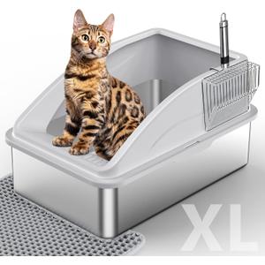 Stainless Steel Litter Box, Extra Large Litter Boxes for Big Cats, XL Metal Cat Litter Box with Lid, Anti-Urine Leakage, Non-Sticky, Include Cat Mat and Litter Scoop (Silver Gray)