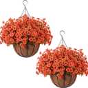 Hananona 24 Pcs Artficial Outdoor Flowers with Hanging Baskets, Orange Fall mums 2 Pack Hanging Planter with Outdoor Fall Flowers for Autumn Porch Garden and Home Patio Yard Decor (2, Orange)