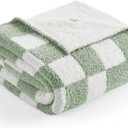 Snuggle Sac Checkered Throw Blanket for Couch, Super Soft, Cozy Warm Knit Blankets, Reversible Plaid Fluffy Throws for Sofa, Bed, Checkered Sage Green, 50x60 Inches