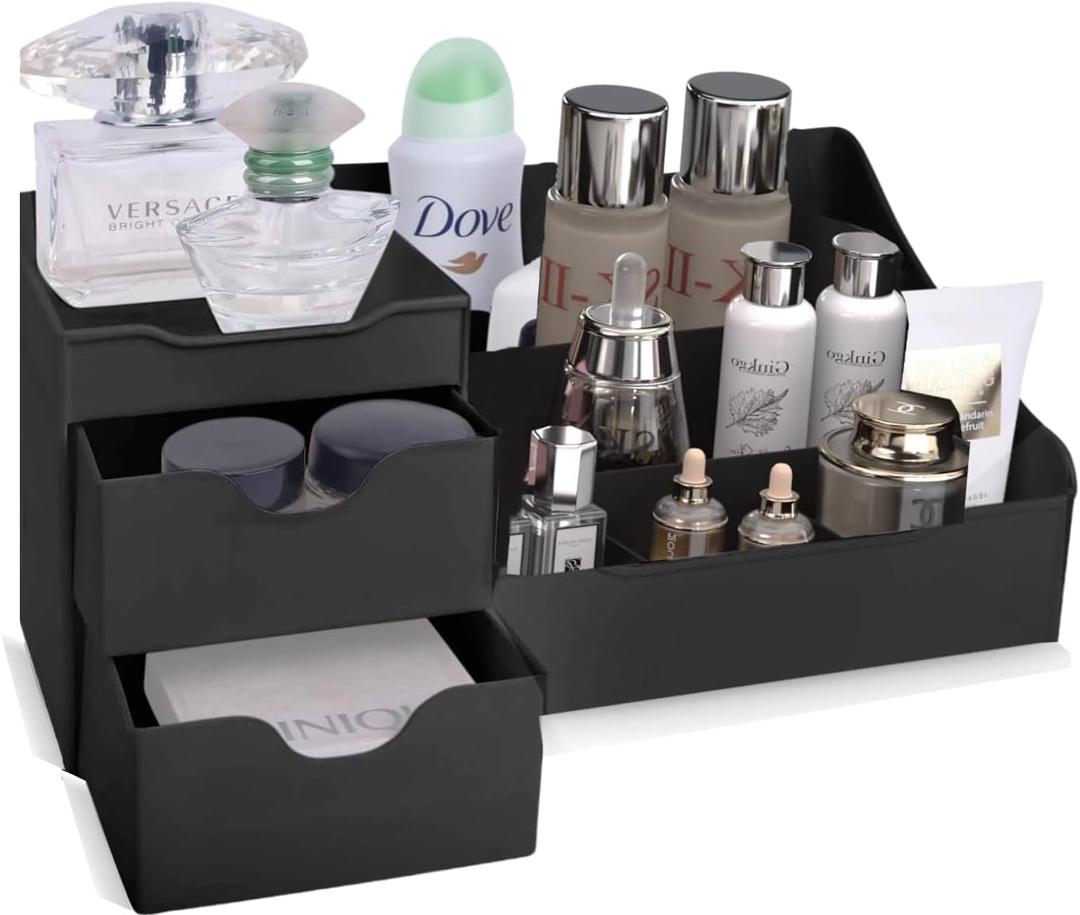 Mantello Modern Minimalist Black Bathroom Organizer - 9 Compartment Countertop Sink Tabletop Caddy for Men Women - Makeup Skincare Toiletries Organizer