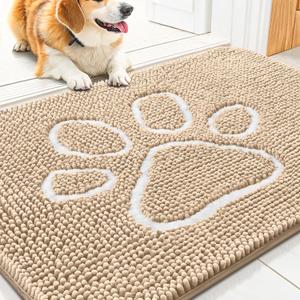 Smiry Dog Door Mat for Muddy Paws, Absorbent Dirt Trapper Non Slip Quick Dry Washable Chenille Mat for Mud Dogs, Entry Rug for Indoor and Outdoor (30x20 Inches, Beige and White)