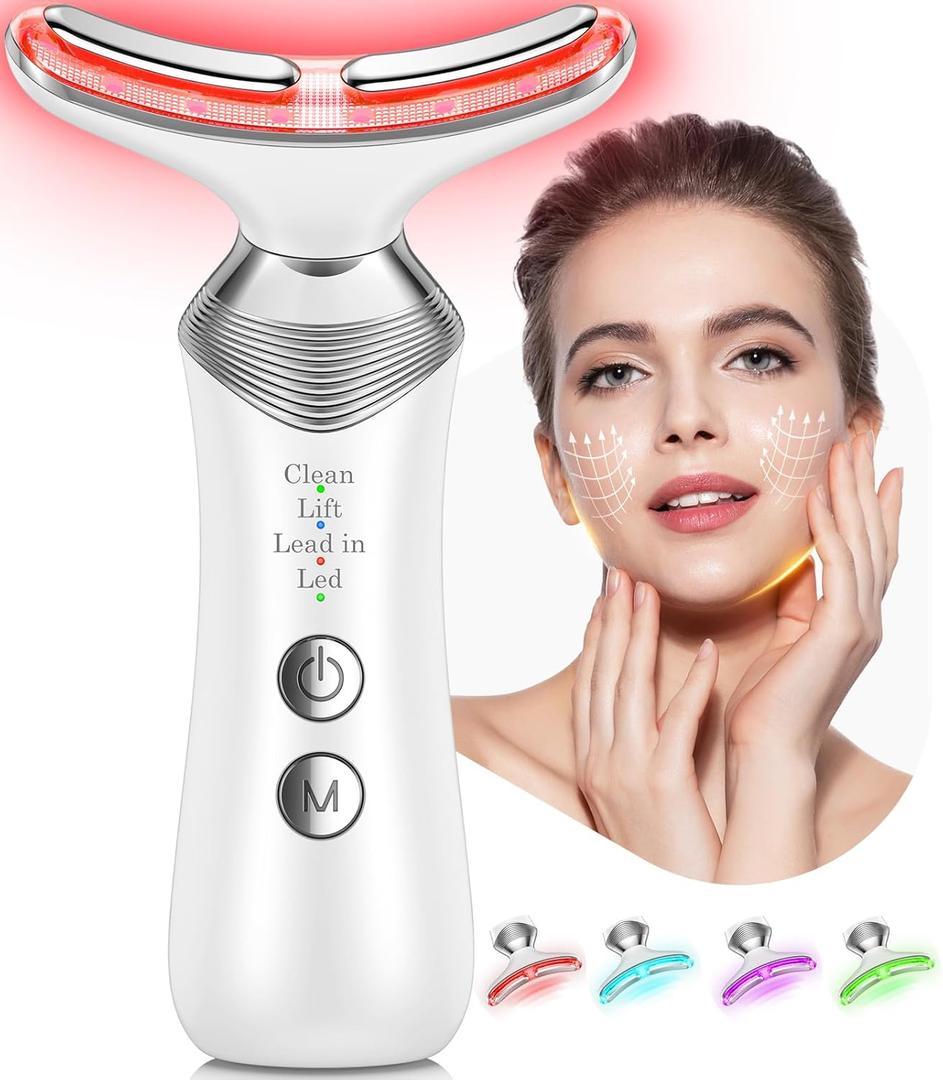 Face Massager Tool for Face and Neck, 7-in-1 Facial Neck Massager Tool with 4 Modes, Beauty Device Facial Massage for at-Home Skin Care or Travel Use (Silver)