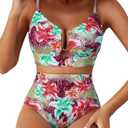Herseas Womens 2 Piece High Waisted U Wire Bikini Set Floral Print Swimsuit Crisscross Back Bathing Suit Beach Swimwear (XX-Large, Green Pink Lily)