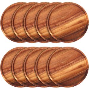 Rtteri 10 Pieces Acacia Round Wood Plates 12 x 0.6 Inch Dinner Plates Wooden Charger Platter Bulk Easy Cleaning Lightweight Serving Tray for Dishes Snack Dessert