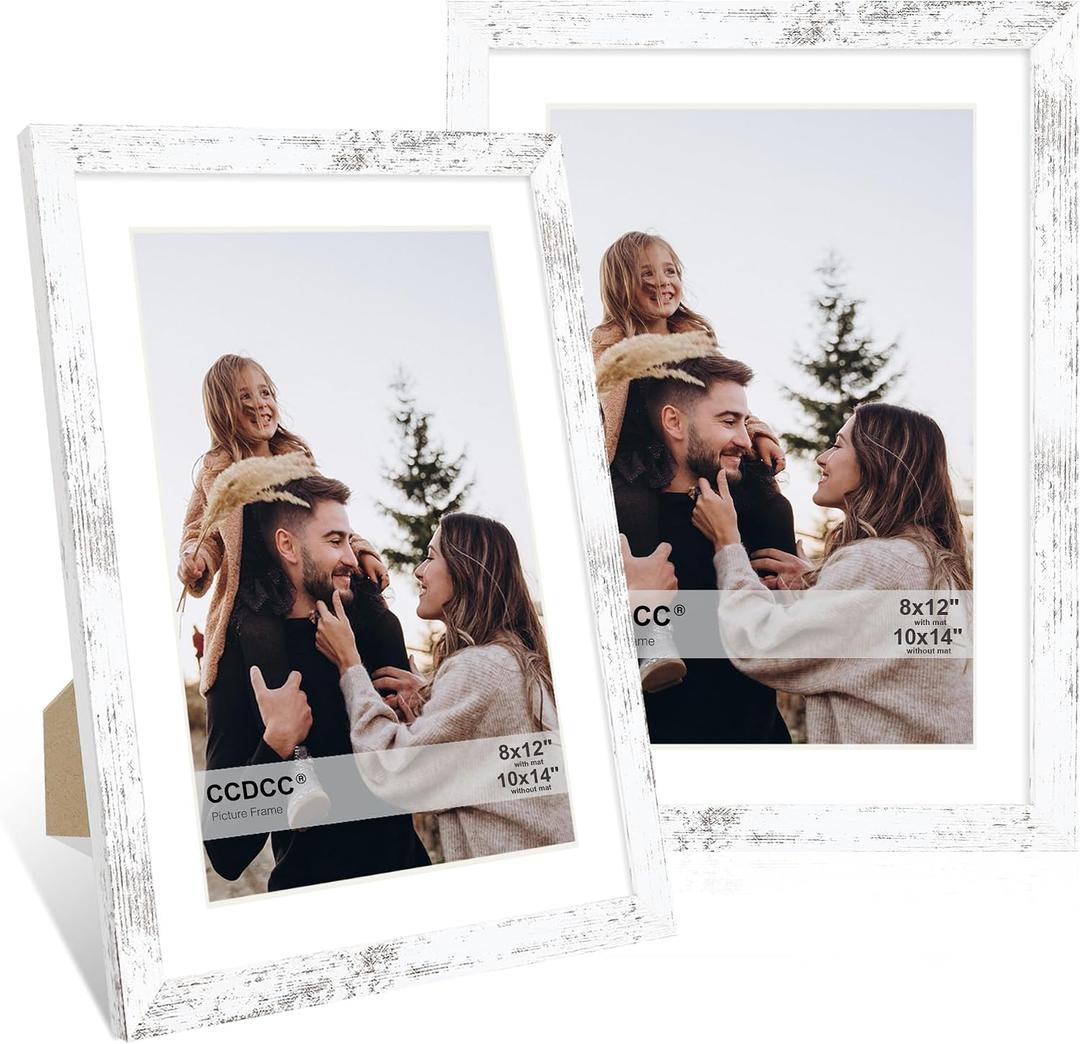 10x14 Picture Frame Set of 2, 10 x 14 Wood Photo Frames with Mat for 8x12 or 30x40cm Diamond Painting Art, Wooden Frame with Real Glass Cover for Wall and Tabletop Display,Distressed White, 10x14-2Pack