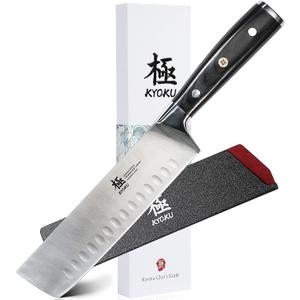 KYOKU Samurai Series - Nakiri Japanese Vegetable Knife 7" - Full Tang - Japanese High Carbon Steel Kitchen Knives - Pakkawood Handle with Mosaic Pin - with Sheath & Case
