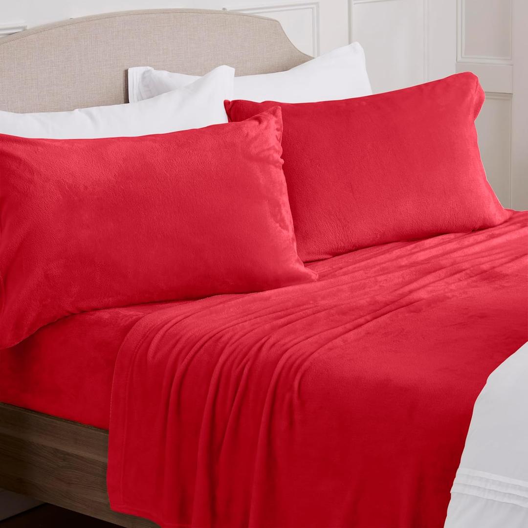 NY Loft Ultra Soft Micro Fleece Sheet Set | King Size | Super Plush Sheets | Holiday Themed | Extra Deep Pockets | Cozy Warmth | Tribeca Collection (King - Christmas Red)