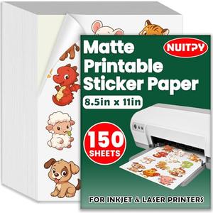 150 Sheets Matte Sticker Paper, 8.5in x 11in Sticker Paper for Inkjet & Laser Printer, Self-adhesive Printable Sticker Papers, Vibrant Colors, Dries Quickly, US Letter Size