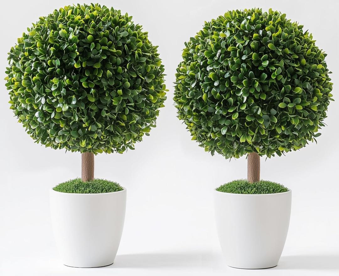 UV Resistant Artificial Outdoor Plants 24, Boxwood Topiary Set of 2 Fake Trees - Large Artificial Plants Outdoor Potted - Indoor & Outdoor Fake Plants For Porch - Front Porch Decor - Pot not Included