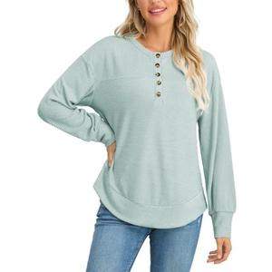 HWOKEFEIYU Long Sleeve Henley Shirts Button Top Casual Ribbed Knit V Neck Tunics Curved Split Hem Loose Work Blouse S