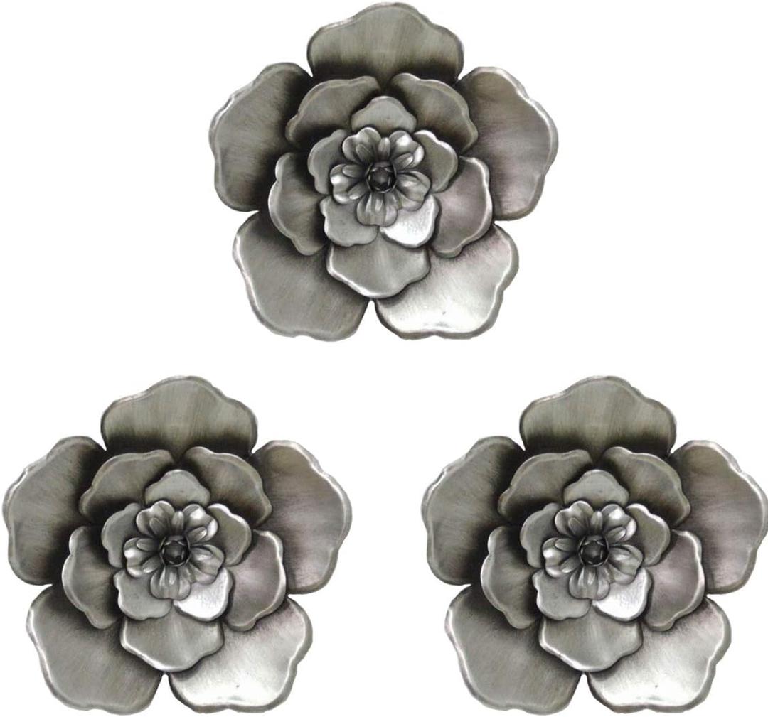 Metal Flower Wall Art Multiple Layer Decor for Indoor Outdoor Home Bedroom Living Room Office Garden Set of 3(Sliver)